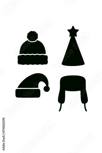 Vector art of four winter hats silhouette, including beanie, party hat, santa hat, and trapper hat for festive season