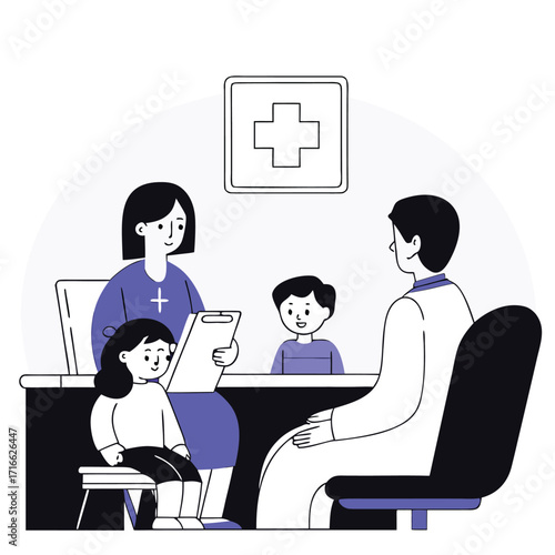 Doctor consulting with mother and children in clinic showing healthcare family and medical checkup