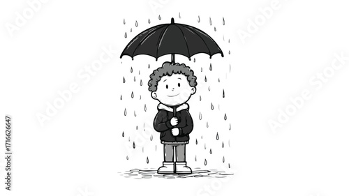 Young Boy Standing Under Rain with Umbrella Vector Illustration