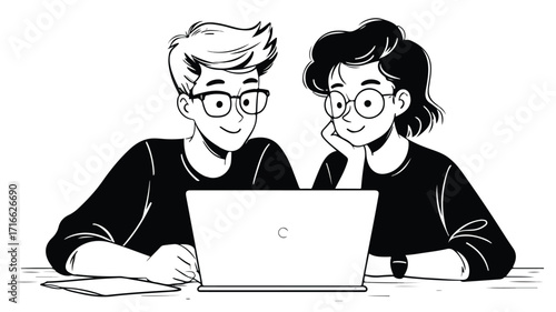 Group of Young Friends Studying Together with Laptop in School Setting