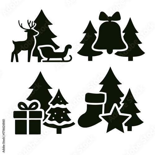 Vector art of silhouette of christmas tree, deer, sleigh, bell, gift box, stocking and star