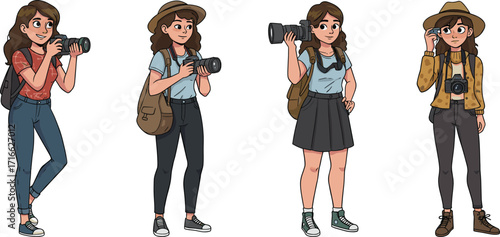 Cartoon young woman photographer with camera, stylish female traveler holding DSLR, creative photography illustration design for tourism, holiday, adventure concept