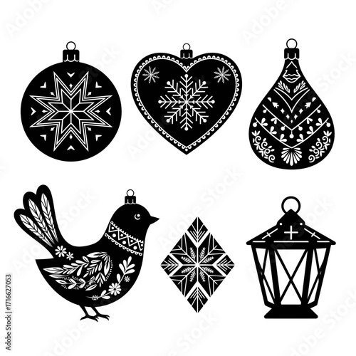 Vector art of a festive collection of monochrome christmas ornaments, featuring a bird, lantern, and various baubles