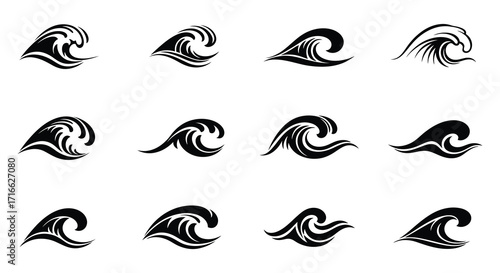 Stylized black and white wave designs arranged in a grid pattern
