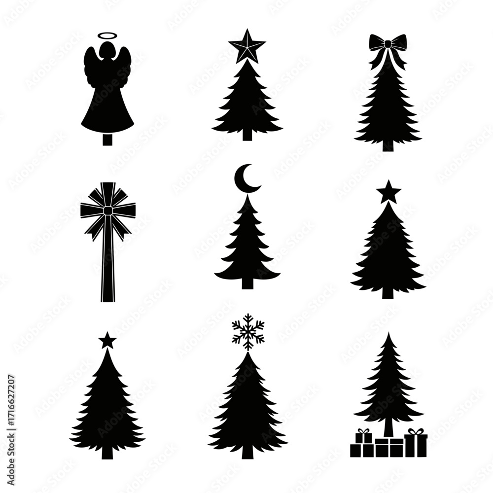 Obraz premium Vector art of collection of various christmas tree icons, featuring angel, star, moon, snowflake, cross, bow, and gift decorations