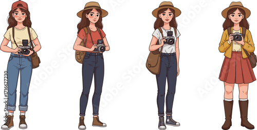 Cartoon young woman traveler holding camera, stylish girl tourist with hat and backpack, photography adventure illustration design for travel concept