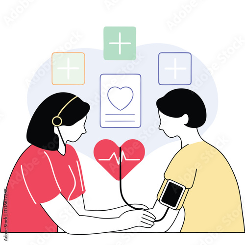 Nurse taking patients blood pressure providing healthcare support and medical assistance