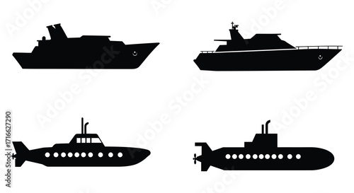 Silhouettes of various water vessels including yachts and a submarine