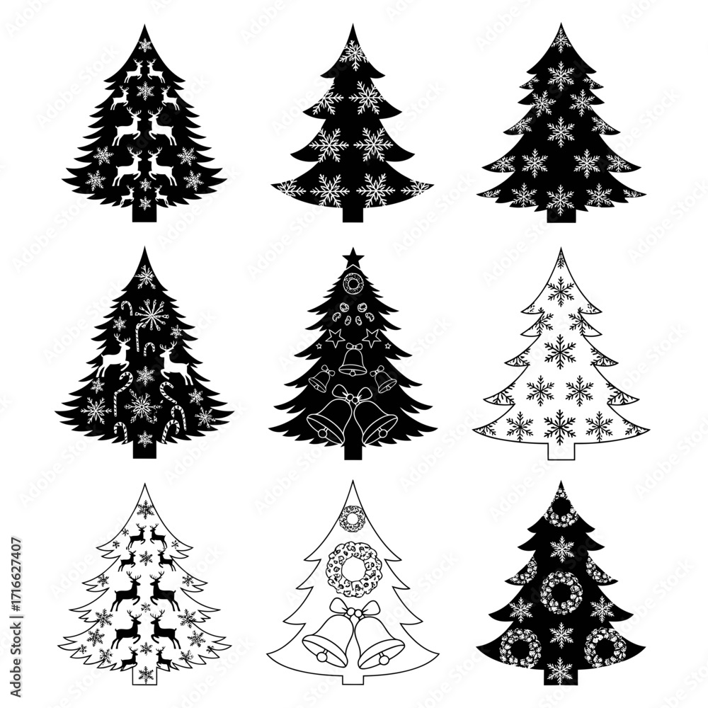 Obraz premium Vector art of set of nine different christmas tree designs in black and white for holiday season and festive decoration