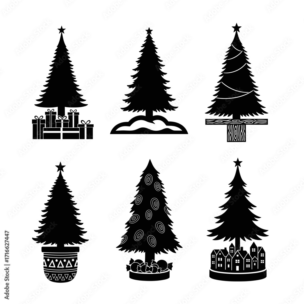 Obraz premium Vector art of silhouette collection of christmas trees, showcasing various styles and decorations for festive holiday designs