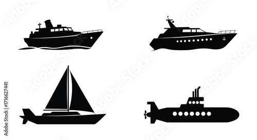 Simple black silhouettes depict various water vessels yachts sailboats and a submarine