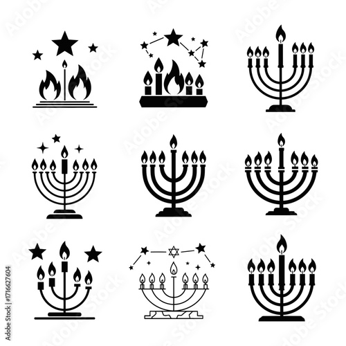 Vector art of collection of hanukkah menorah icons set of traditional jewish holiday symbols in modern silhouette style