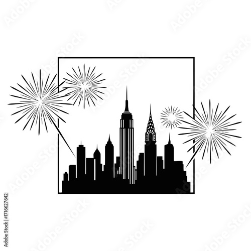 Vector art of silhouette of new york city skyline with fireworks, a festive and iconic representation of celebration and urban life