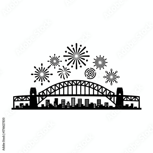 Vector art of sydney harbour bridge with fireworks features the bridge, city buildings, and fireworks in a horizontal composition