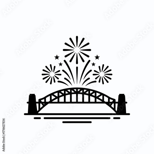 Vector art of sydney harbour bridge with fireworks features the bridge, water, and fireworks in a simple composition