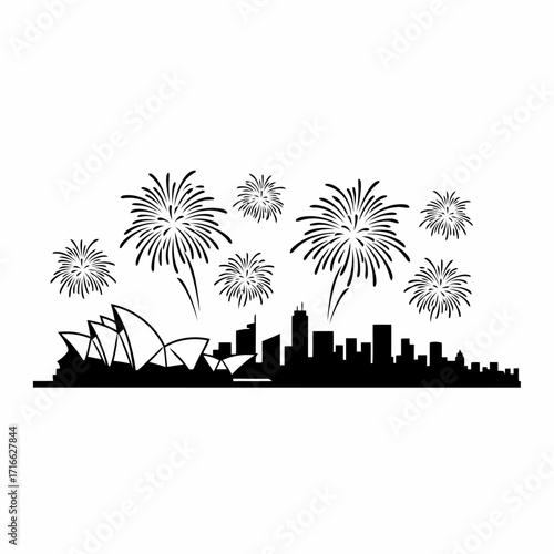 Vector art of sydney skyline silhouette with fireworks, a vibrant celebration over the iconic cityscape, creating a festive and dynamic scene
