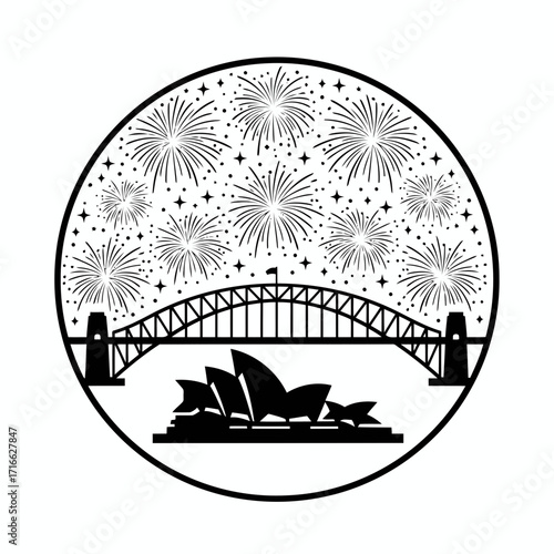 Vector art of sydney landmarks with fireworks in a circle, a festive scene featuring the iconic opera house and harbour bridge
