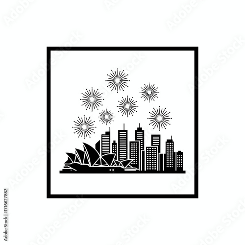 Vector art of sydney skyline silhouette with fireworks, a modern cityscape celebrating australias urban beauty and festive occasions