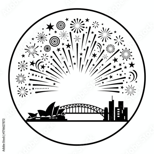 Vector art of sydney harbour silhouette with fireworks, a vibrant scene of australias iconic bridge, opera house, and skyline