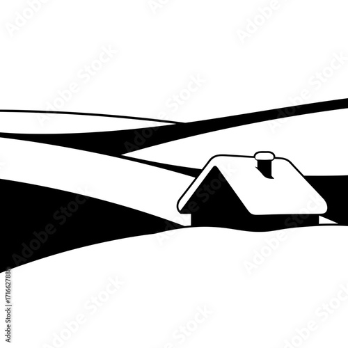 Vector art of a cozy cabin nestled in a snowy landscape, , evoking a sense of warmth and tranquility in the winter season
