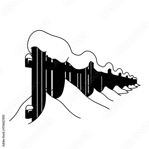 Vector art of a snowcovered fence, , creating a wintery scene with a rustic charm and a touch of seasonal beauty