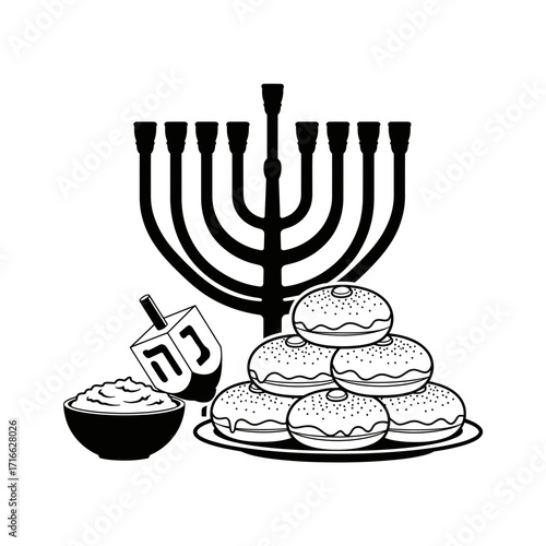 Illustration of a hanukkah menorah with candles, dreidel and sufganiyot for the holiday celebration