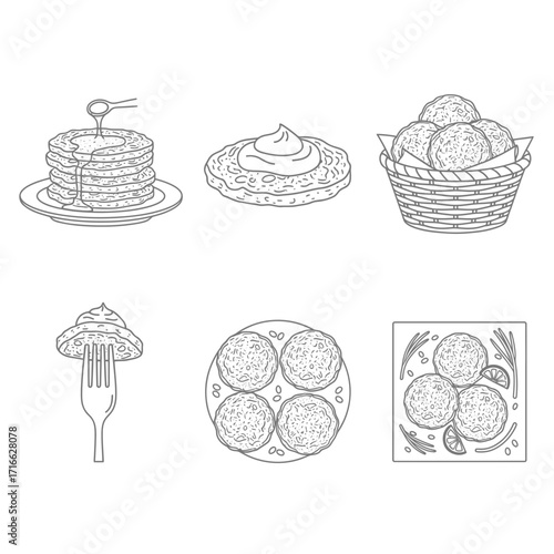 Vector art of collection of pancake and fritter illustrations, perfect for culinary designs and breakfastthemed projects