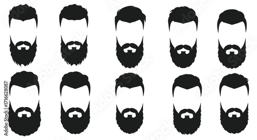 Collection of various black and white beard and mustache styles graphic