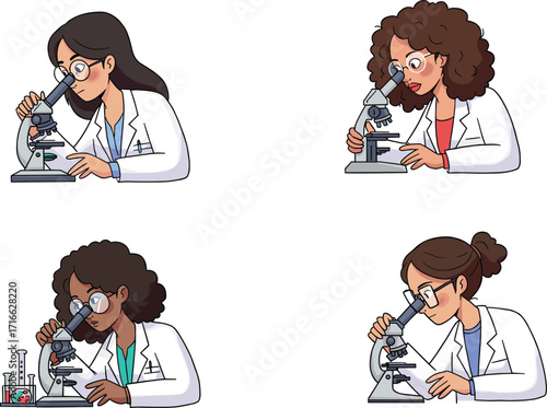 Female scientists using microscope in laboratory, cartoon woman researchers working in science lab, medical research, biology experiment, education and innovation illustration