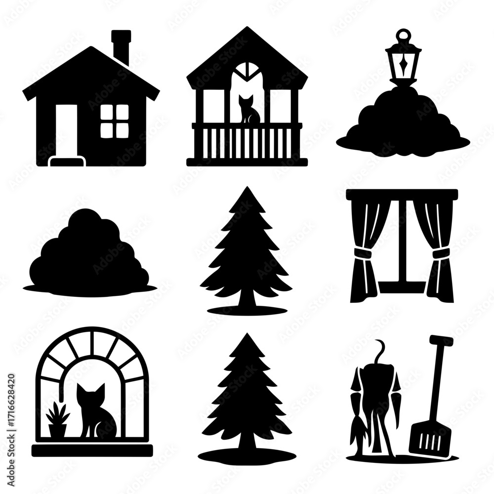 Naklejka premium Vector art of collection of vector icons depicting winter and autumn themes, including houses, trees, and garden elements