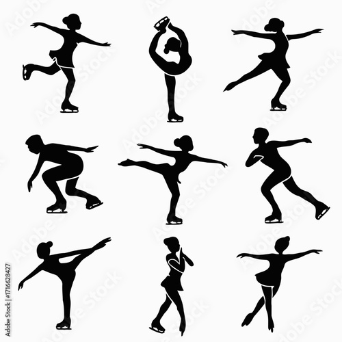 Vector art of collection of figure skating silhouettes, featuring various poses and movements of female skaters in action