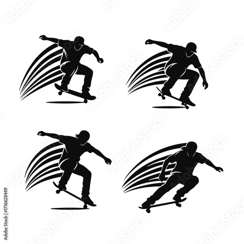 Vector art of set of skateboarder silhouettes, capturing various tricks and poses in action, with dynamic motion lines