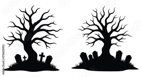 Spooky silhouette of bare trees and a graveyard scene at night