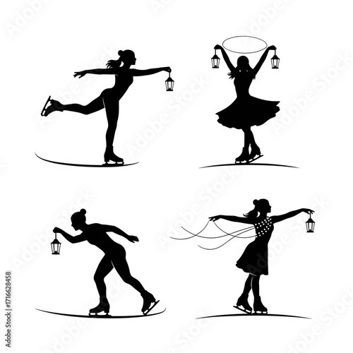 Vector art of a set of four silhouettes of ice skaters holding lanterns, , in various poses and positions on the ice rink