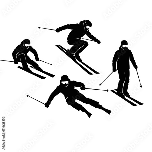 Vector art of four skiers in silhouette, showcasing various skiing positions and movements, capturing the essence of winter sports