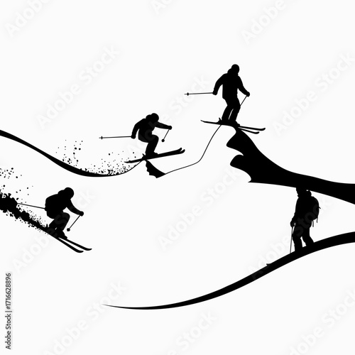 Vector art of silhouette of skiers jumping and skiing down snowy hills, capturing the thrill of winter sports