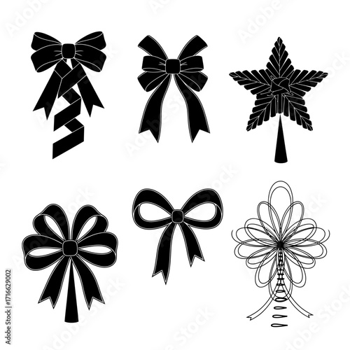 Vector art of collection of decorative bow and star illustrations, ideal for festive and celebratory design projects