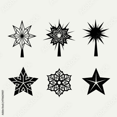 Vector art of collection of six different star toppers for christmas tree, perfect for festive decorations and holiday crafts