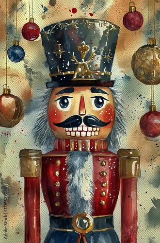 Colorful Nutcracker Decoration Stands out Against a Festive Background of Ornaments and Abstract Designs