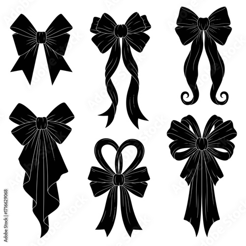 Vector art of collection of six elegant black bow illustrations, perfect for adding a touch of sophistication to any design