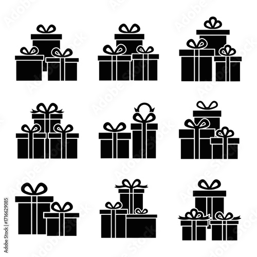Vector art of collection of gift boxes in black silhouette for holiday, christmas, birthday, and special occasion designs