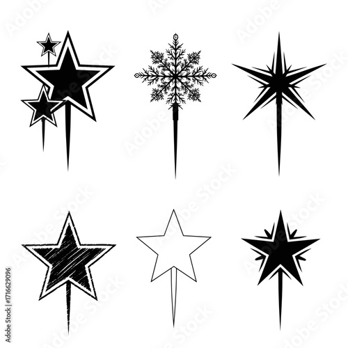 Vector art of collection of six star and snowflake tree toppers for decorating christmas trees during the holiday season