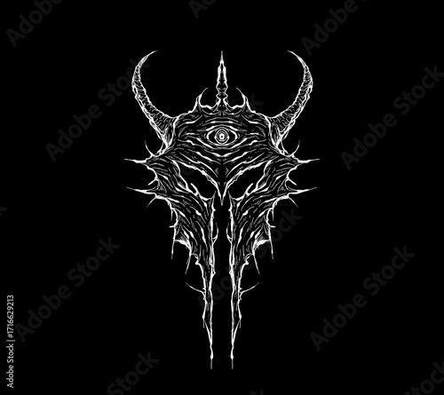 Demonic mask with horns and all seeing eye, dark gothic line art illustration for tattoo, metal merch, and occult fantasy design
