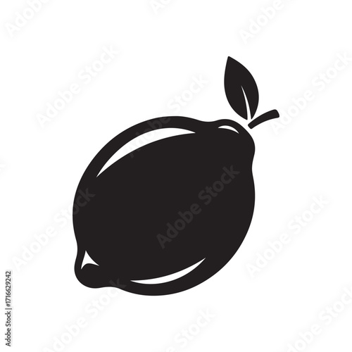 Stylized Black Lemon Silhouette with Leaf and Stem Icon