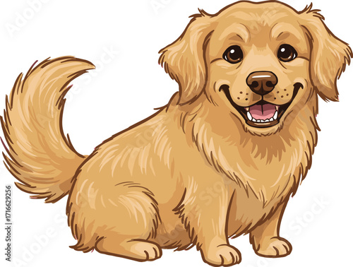 Cartoon golden retriever, happy dog, smiling face, floppy ears, sitting pose, friendly pet, textured fur
