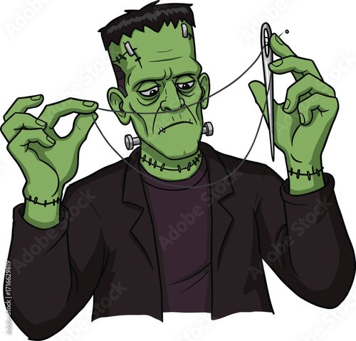 Cartoon Frankenstein monster sewing with giant needle, funny green Halloween character illustration, spooky stitched creature artwork, creepy horror design, scary undead figure drawing clipart