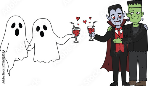 Halloween party cartoon, ghosts with drinks, vampire and Frankenstein illustration, spooky friends art, funny Halloween characters, cute monsters drinking, creepy celebration humor, scary cartoon