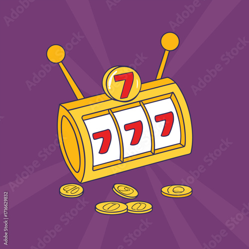 Vector illustration of a slot machine showing a triple 7 jackpot with golden coins. Perfect for casino, gambling, jackpot, betting, and gaming themes.
