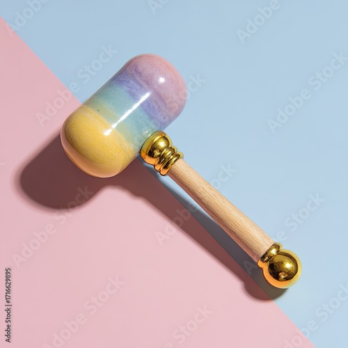 Pastel rainbow-hued hammer on a pink and blue background