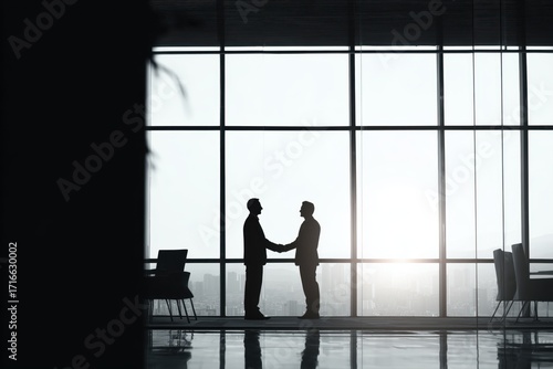 Two professionals engage in a handshake symbolizing partnership and business growth in a bright office setting.